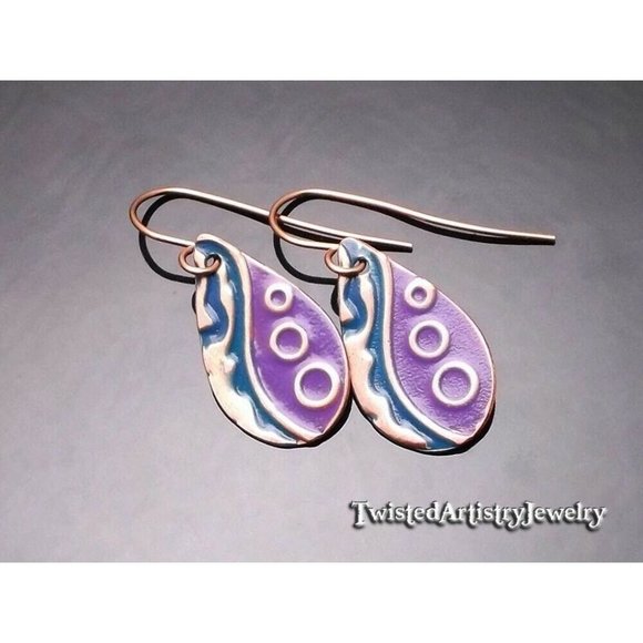 Purple and Blue Enameled Copper Teardrop Dangle Earrings One-Of-A-Kind Handmade - Picture 1 of 3